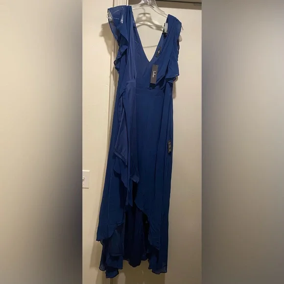 Lulu’s Ravishing Charm Dark Blue Ruffled Wrap High-Low Maxi Dress - Picture 9 of 15